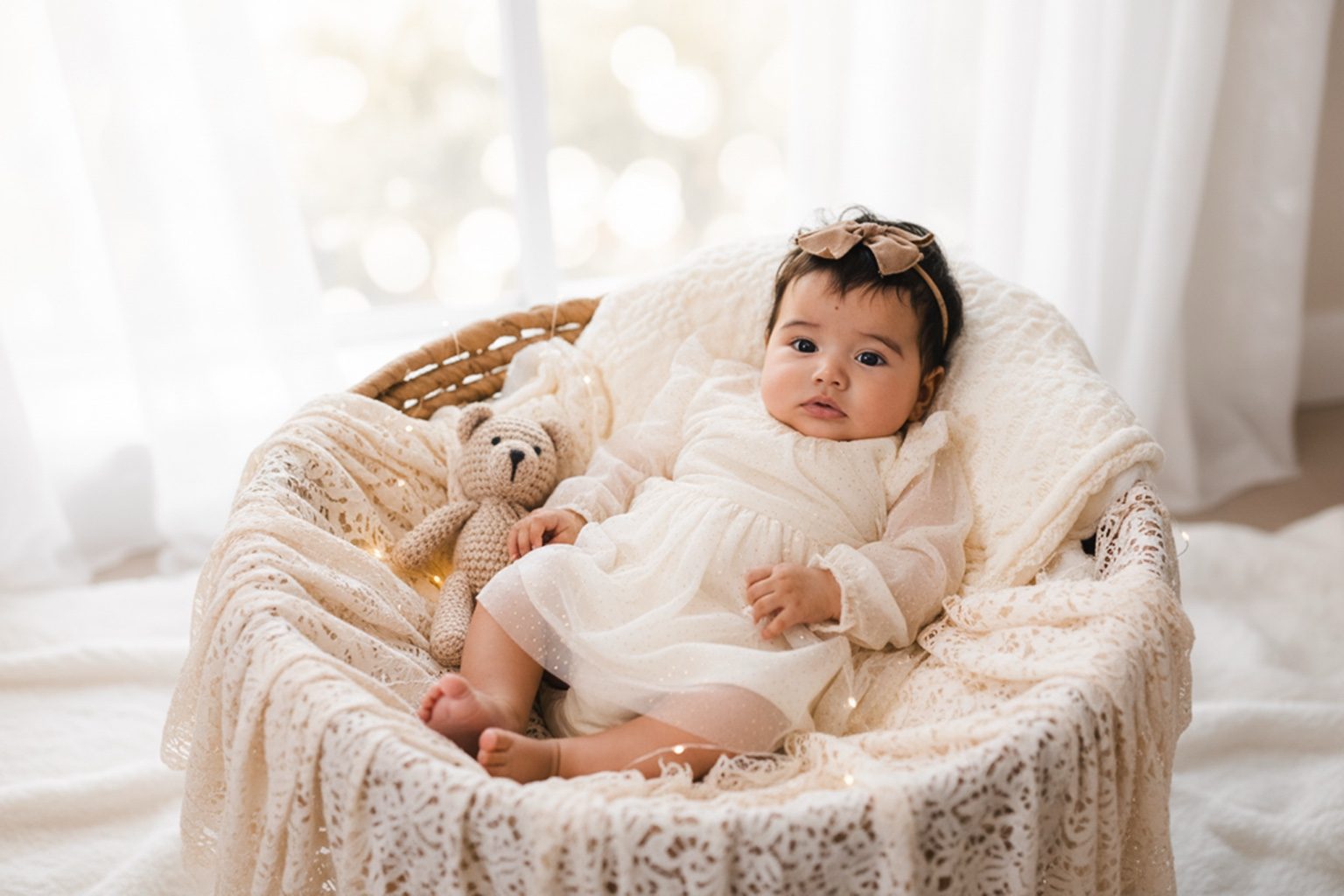 Delina sitting in a white basket